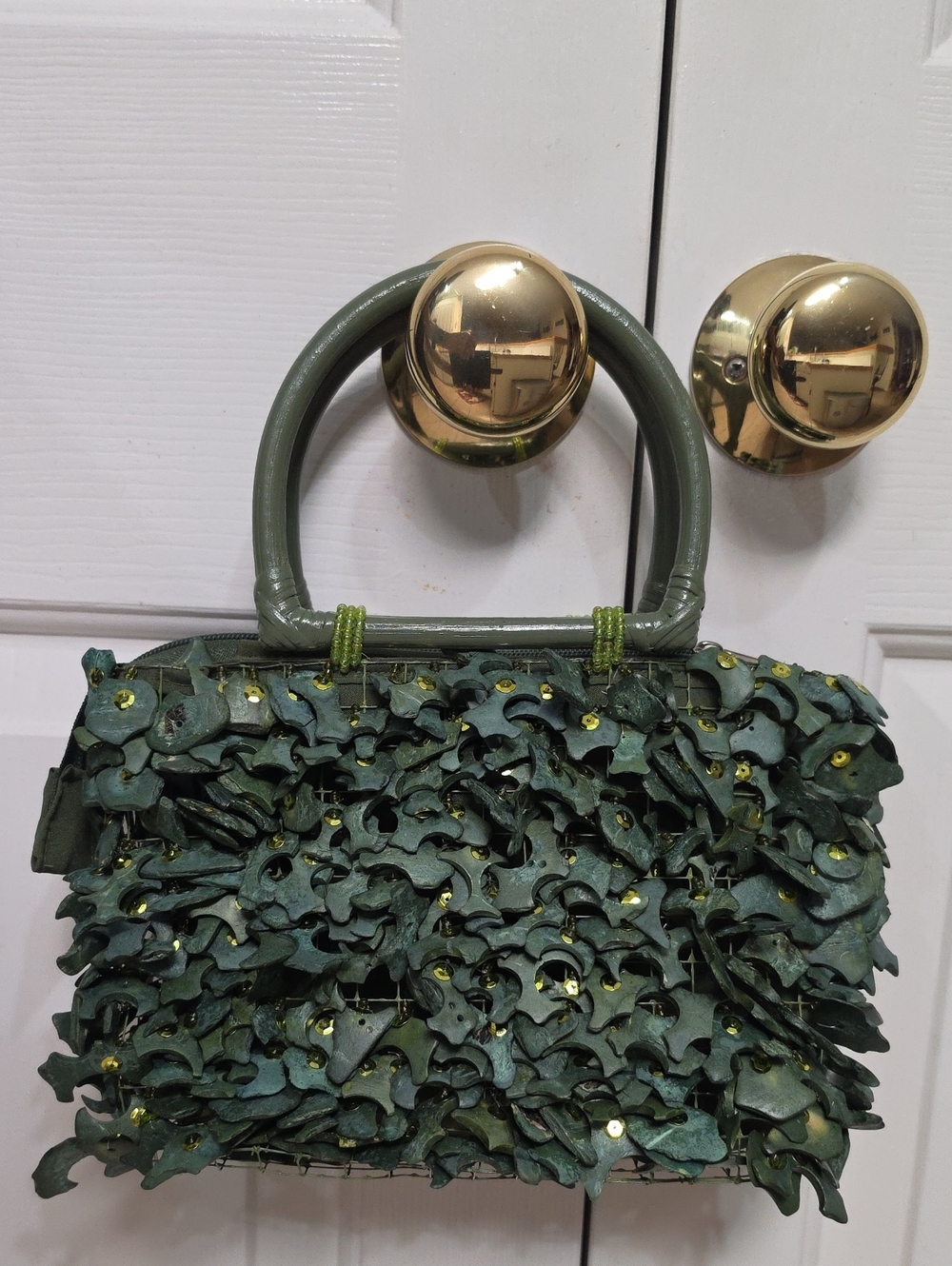 Vintage 90s Wooden Jigsaw Puzzle Bag Green Avant-Garde Wire Mesh Statement Purse